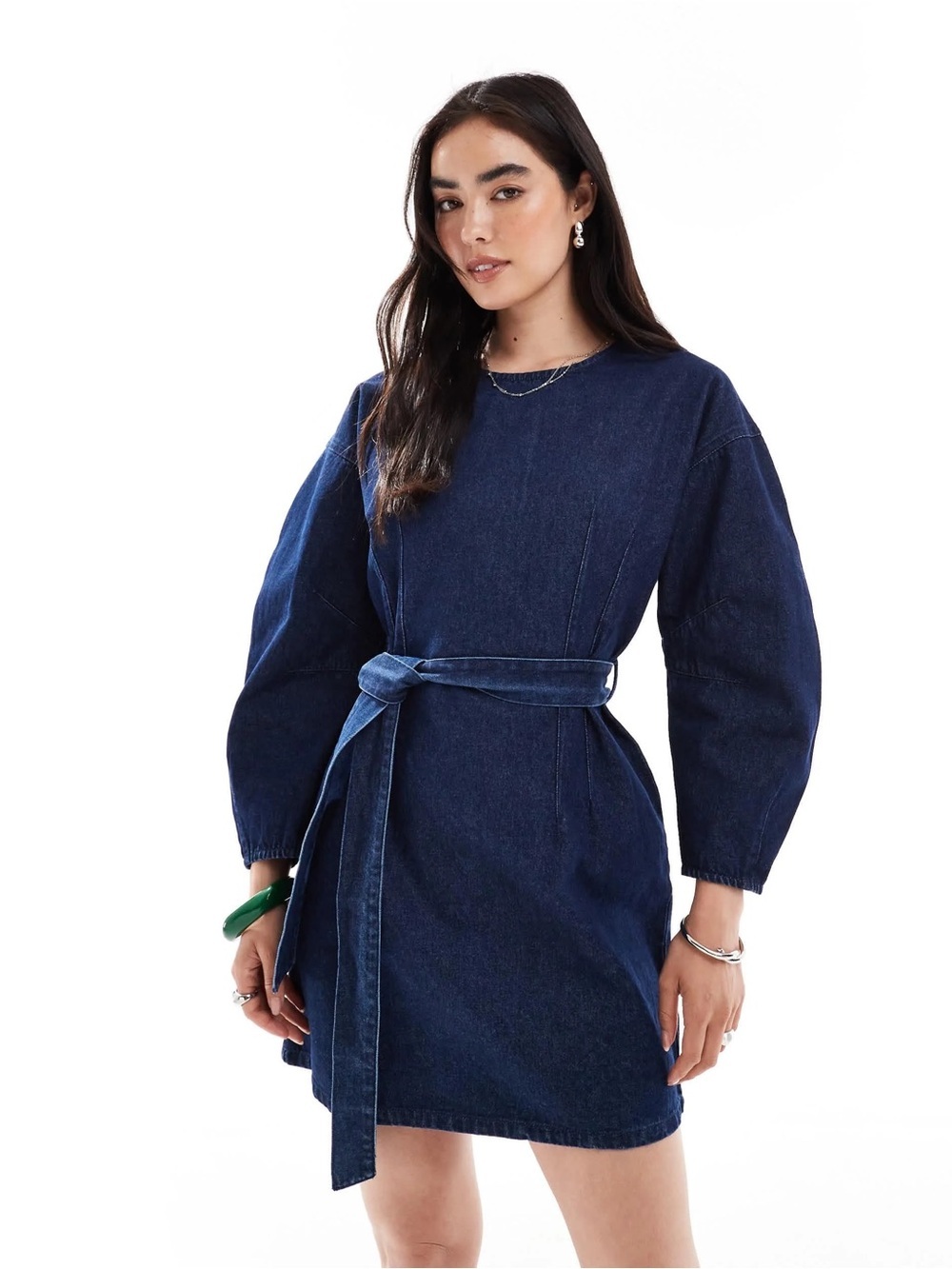 NWTs French Connection Dark Wash Denim Tie Waist Long Sleeve Jean Dress